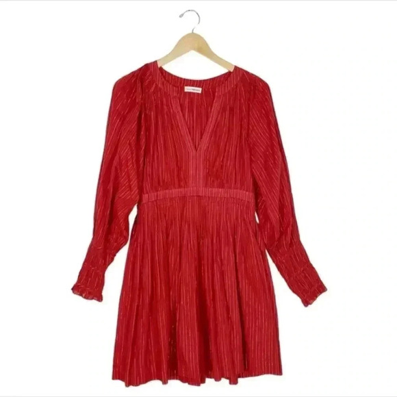 NWOT ULLA JOHNSON Metallic Cotton Long Sleeve Red Ruby Rory Dress Pockets Size 6 - Picture 9 of 14